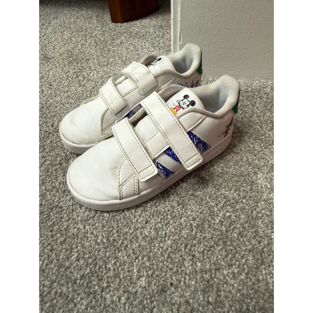 Adidas Grand Court Mickey Mouse Kids Sneakers White Blue Green Size 10K